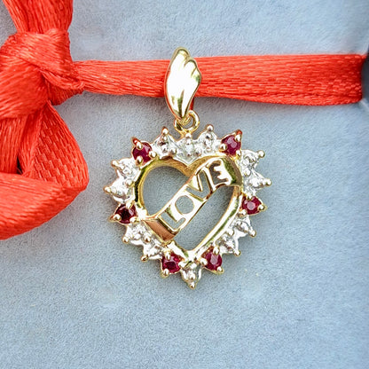 Vintage 10ct Gold "LOVE" Heart Pendant with Rubies
