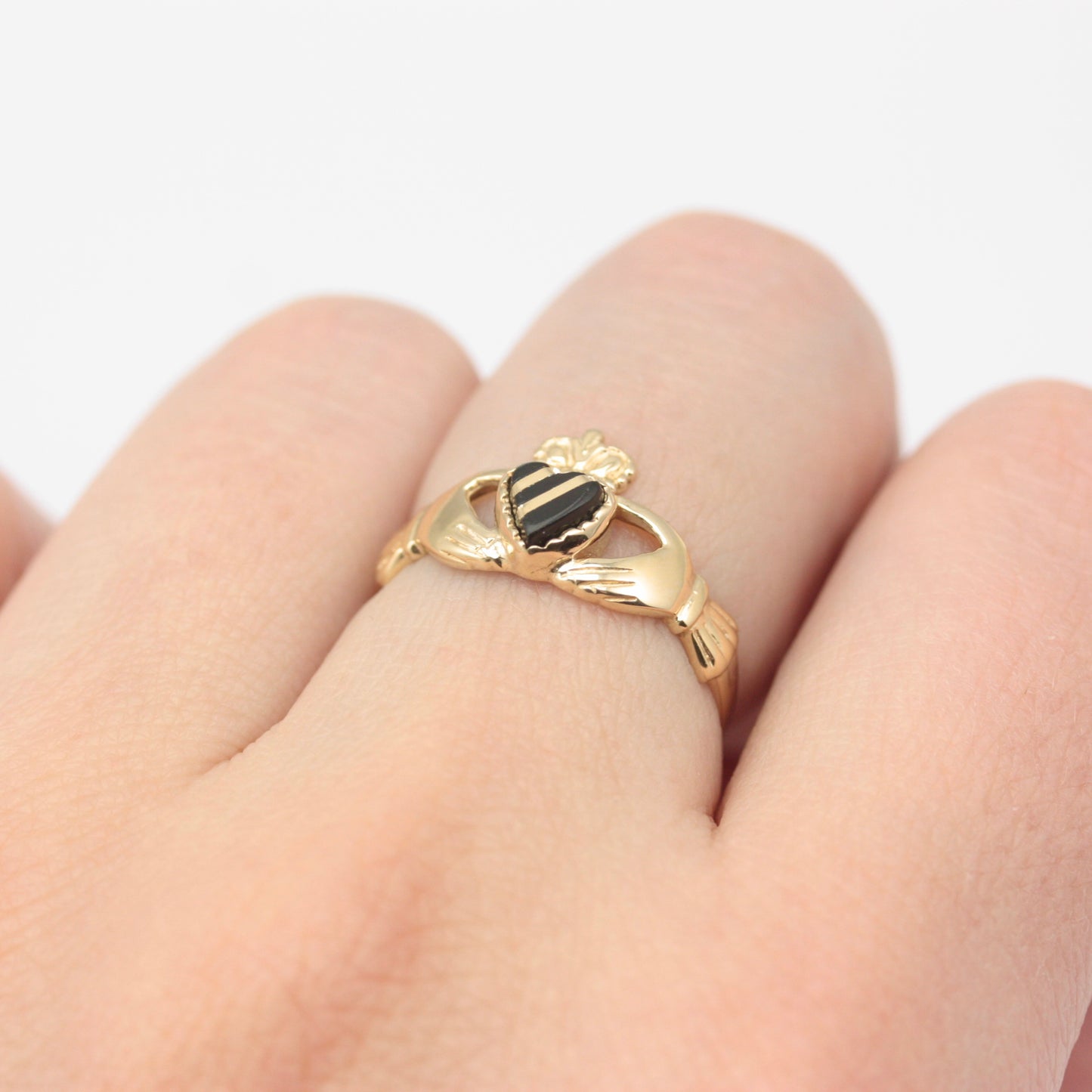 Vintage 9ct Gold Claddagh Ring with Gold Striped Black Onyx Heart, 1987