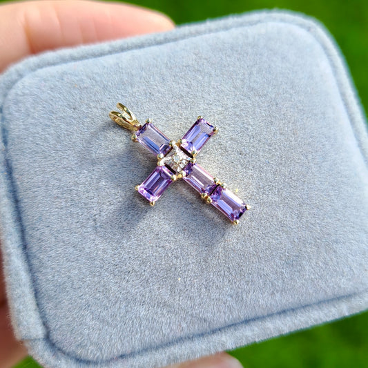 Pre-owned 9ct Gold Amethyst and Diamond Cross Pendant