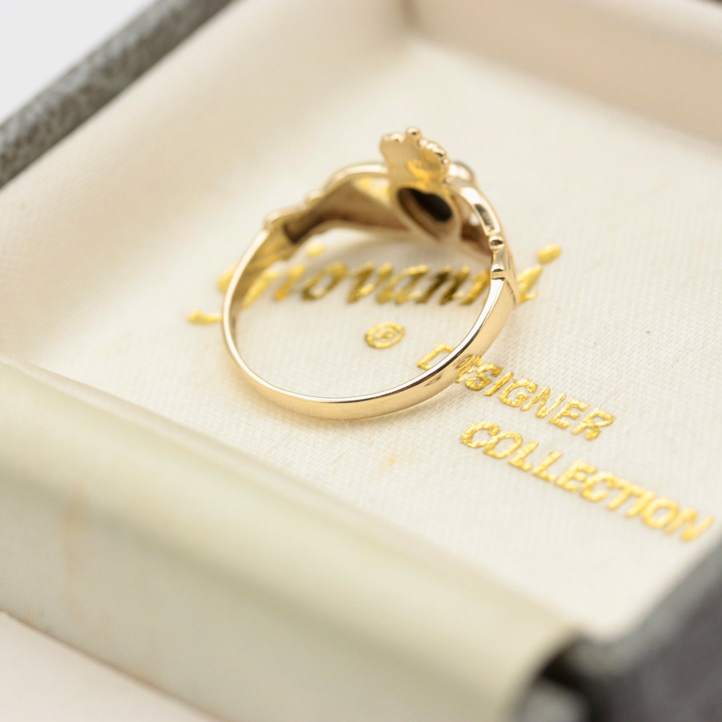 Vintage 9ct Gold Claddagh Ring with Gold Striped Black Onyx Heart, 1987