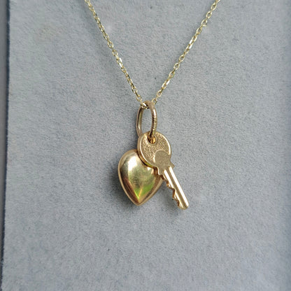 Small 9ct Gold "Key To My Heart" - Yale Key and Puffy Heart Charm