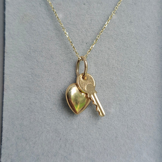 Small 9ct Gold "Key To My Heart" - Yale Key and Puffy Heart Charm