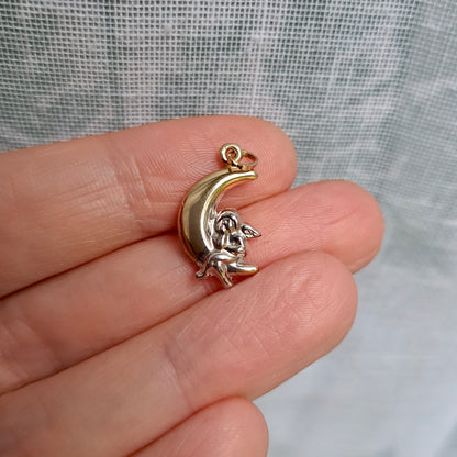Pre-owned 9ct Two Tone Gold Moon and Angel Pendant