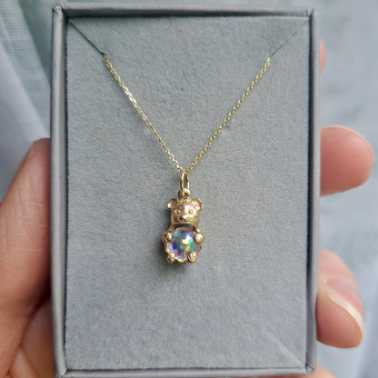 Vintage 9ct Gold Teddy Bear Charm with AB Crystal Belly, 1980s