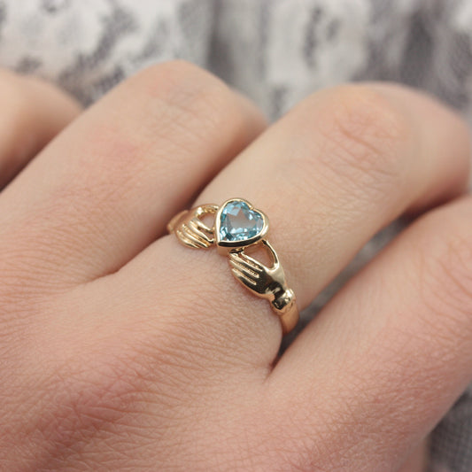 Vintage 9ct Gold Hands Holding Topaz Heart Ring, 1996