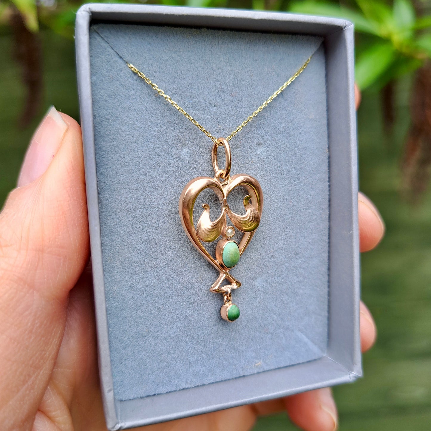 Antique Art Nouveau 9ct Gold, Turquoise and Seed Pearl Heart Pendant