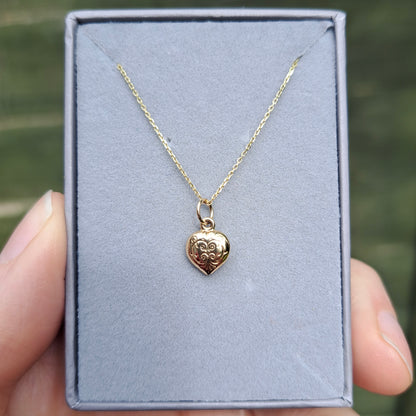 Vintage 9ct Gold Tiny Engraved Puffy Heart Charm, 8mm