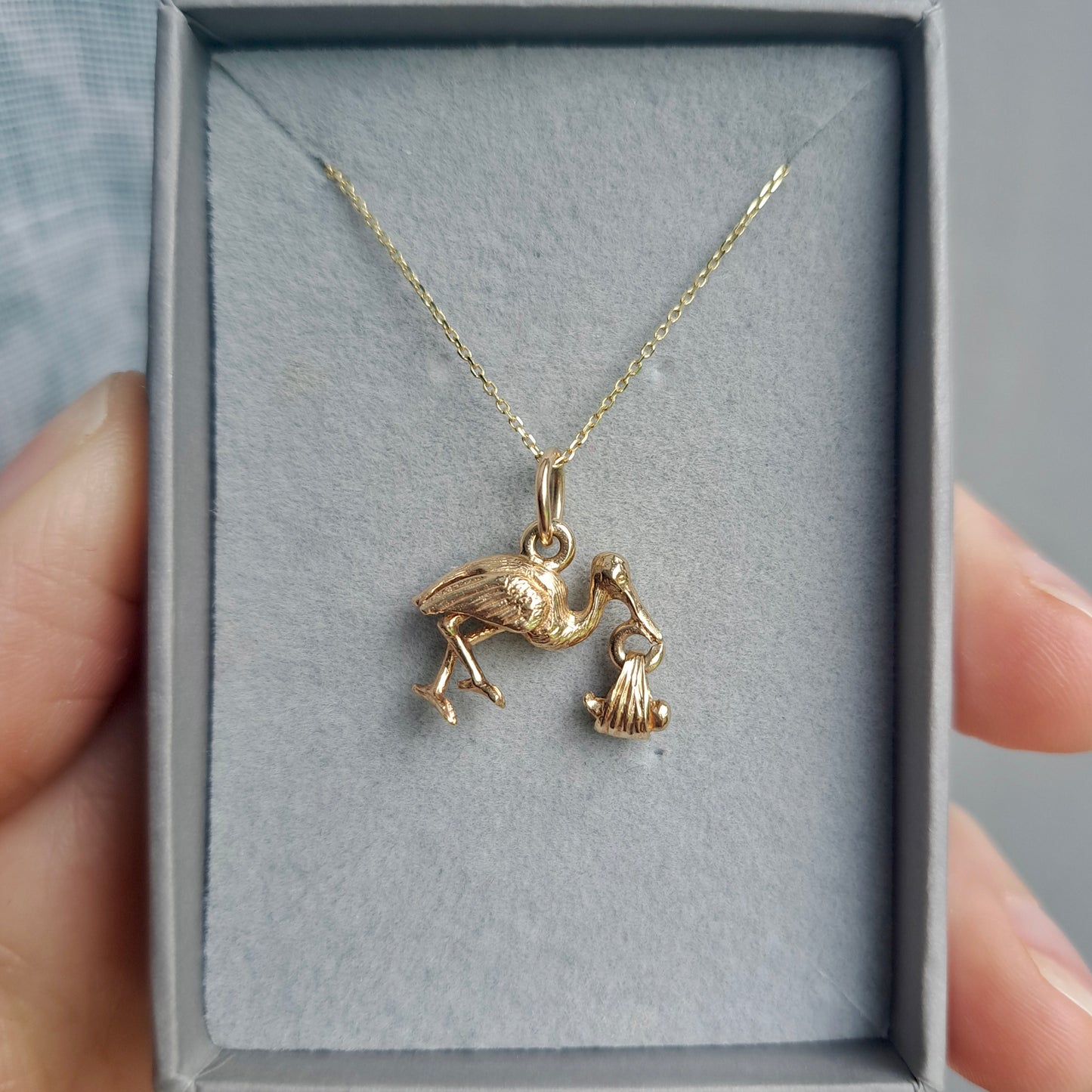 Vintage 9ct Gold Stork with Dangling Baby Charm, 1998