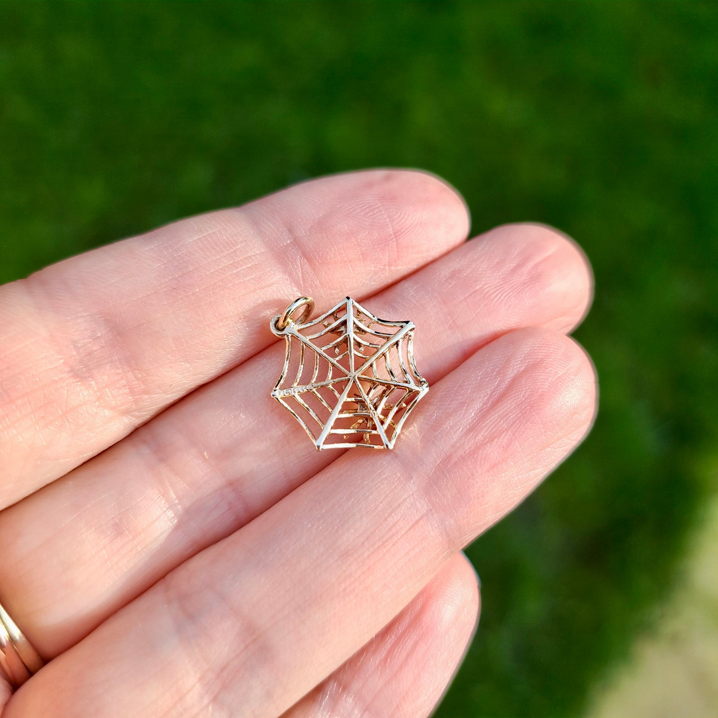 Vintage 9ct Gold Spiderweb Charm with Spider and Fly, 1966