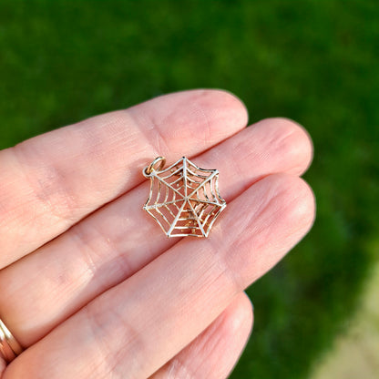Vintage 9ct Gold Spiderweb Charm with Spider and Fly, 1966