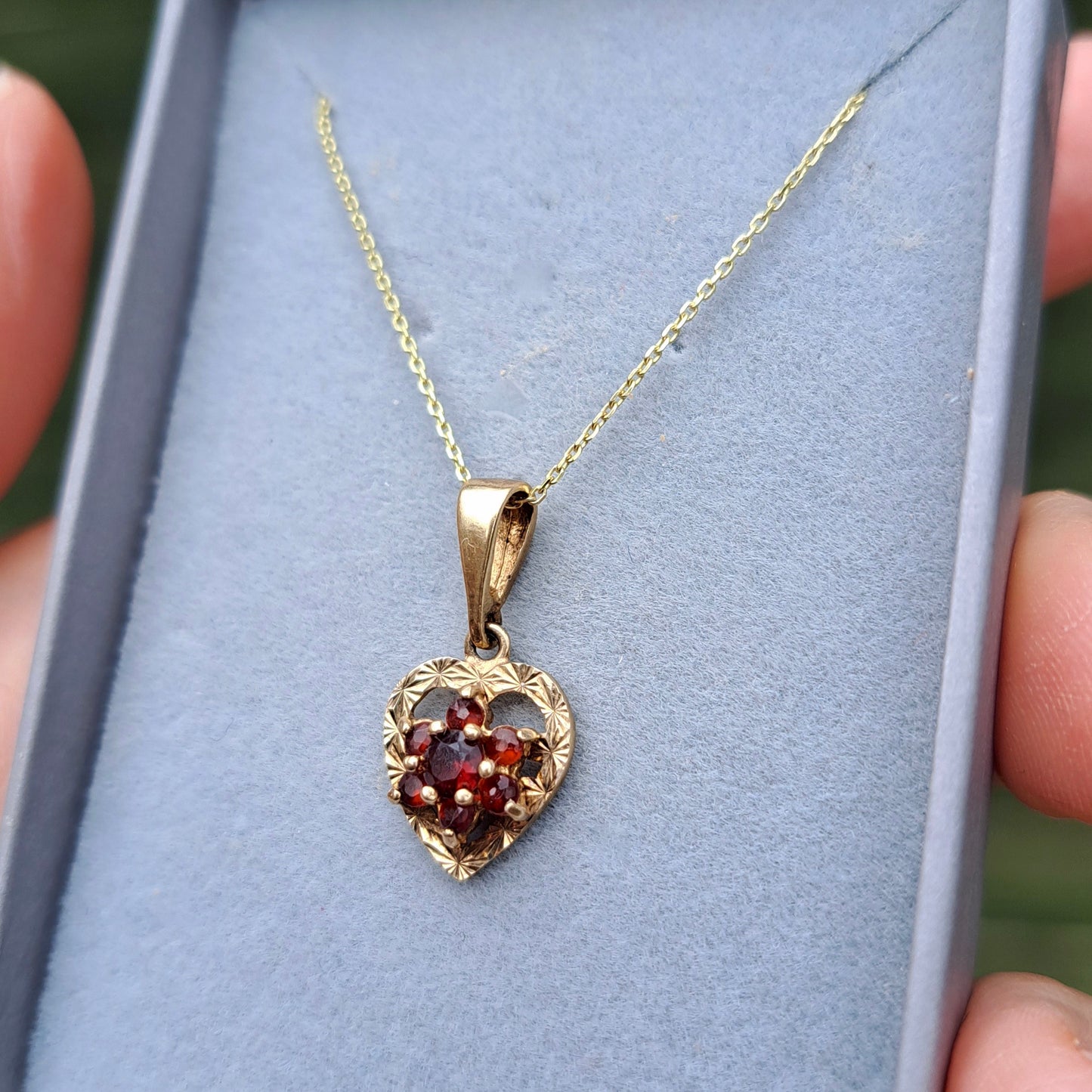 Vintage 9ct Gold and Garnet Cluster Heart Pendant, 1979