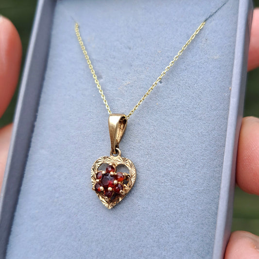 Vintage 9ct Gold and Garnet Cluster Heart Pendant, 1979