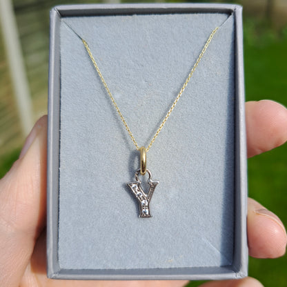 Pre-owned 9ct Yellow and White Gold Letter Y Pendant with Cubic Zirconia