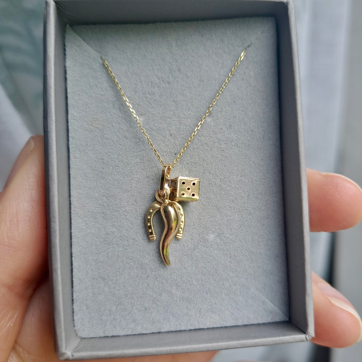 9ct Gold Lucky Charms Set - Cornicello, Dice, Horseshoe