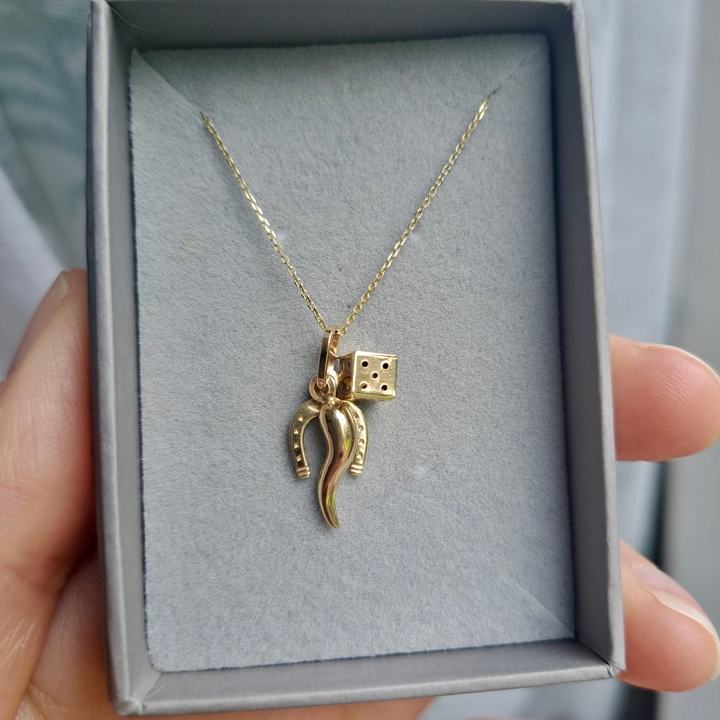 9ct Gold Lucky Charms Set - Cornicello, Dice, Horseshoe