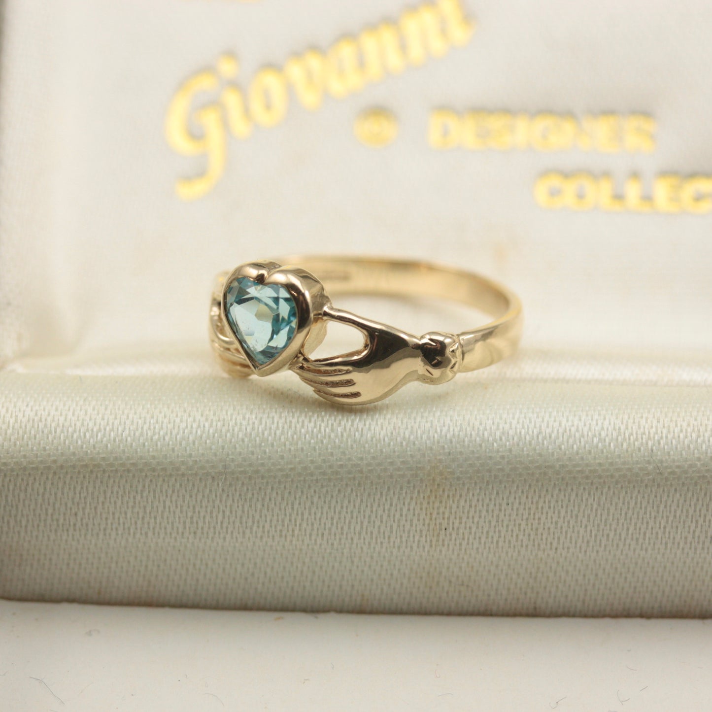 Vintage 9ct Gold Hands Holding Topaz Heart Ring, 1996