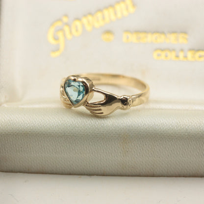 Vintage 9ct Gold Hands Holding Topaz Heart Ring, 1996