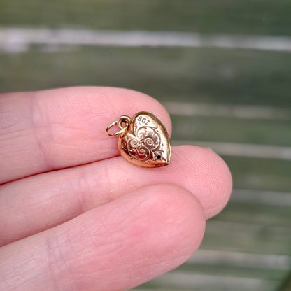 Vintage 9ct Gold Engraved Puffy Heart Charm with Pearl, 11mm