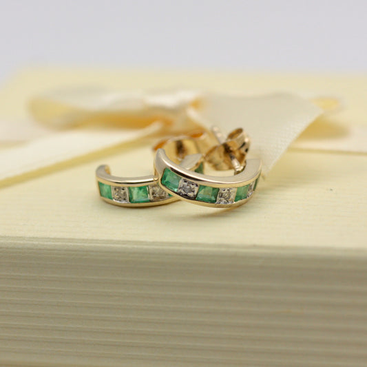 Pre-owned 9ct Gold Emerald and Diamond Half Hoop Earrings