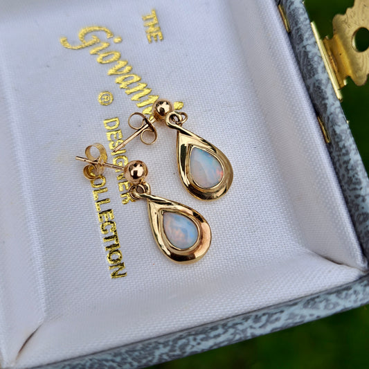 Late Vintage 9ct Gold and Opal Dangle Earrings