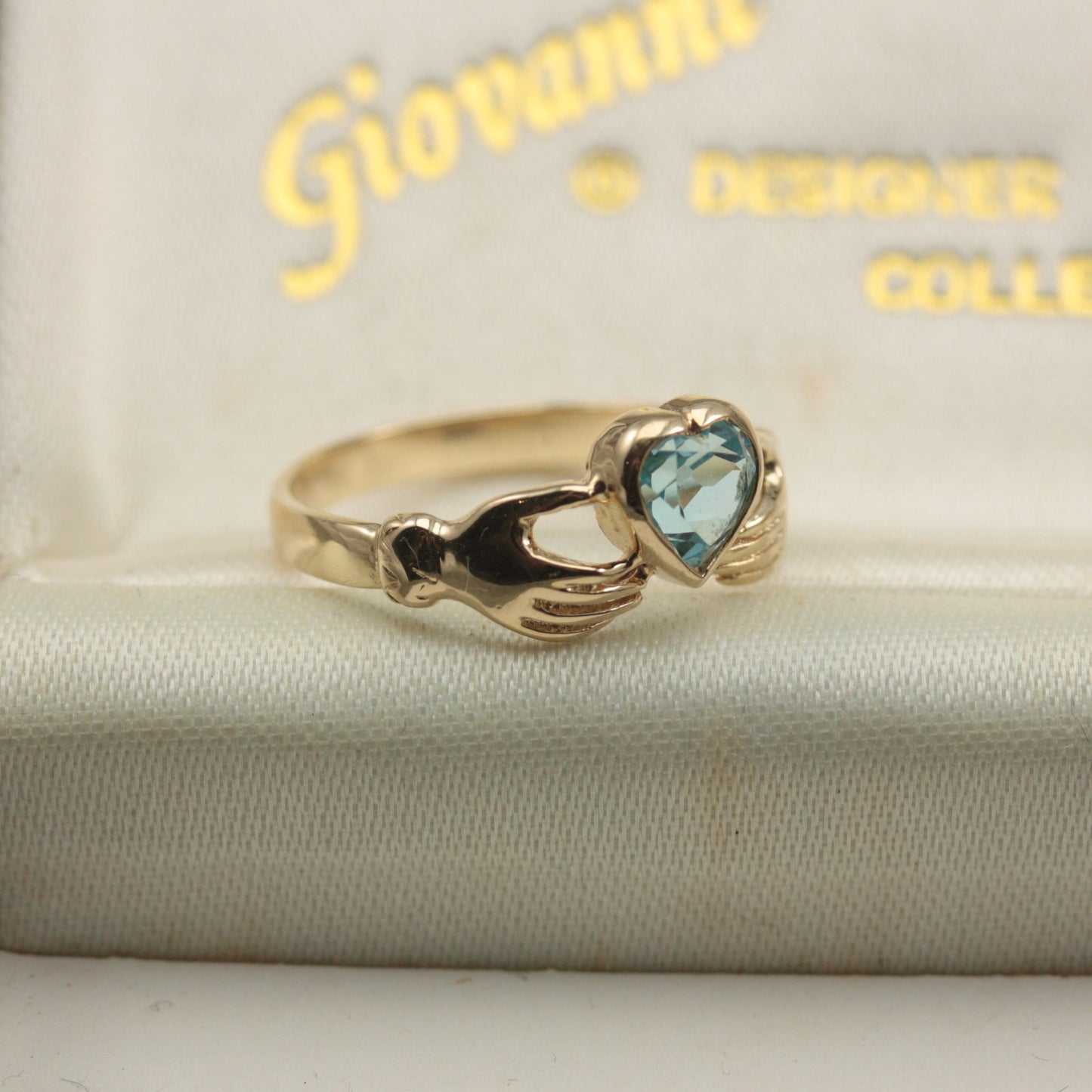Vintage 9ct Gold Hands Holding Topaz Heart Ring, 1996