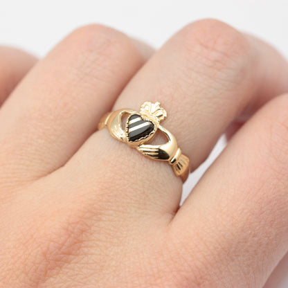 Vintage 9ct Gold Claddagh Ring with Gold Striped Black Onyx Heart, 1987