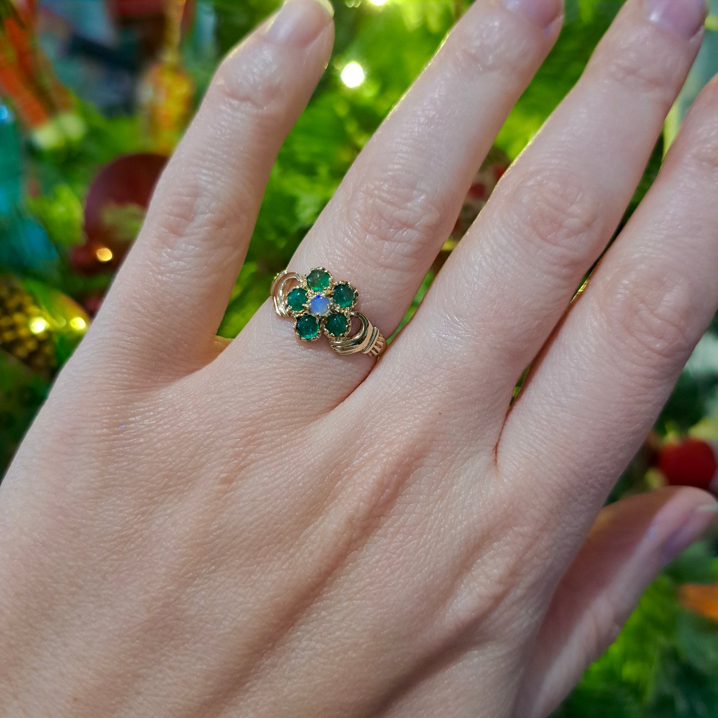 Late Vintage 9ct Gold Hands Holding Flower Ring with Emeralds and Moonstone