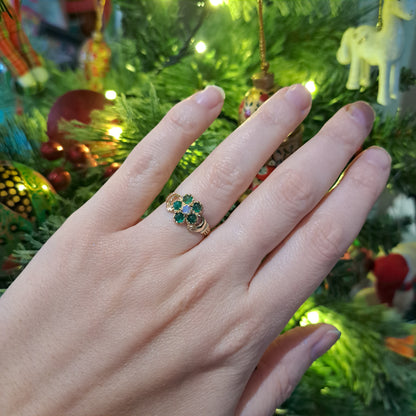Late Vintage 9ct Gold Hands Holding Flower Ring with Emeralds and Moonstone