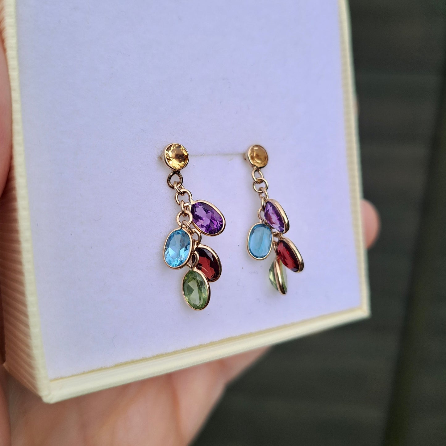Pre-owned 9ct Gold Multi Gemstone Dangle Earrings