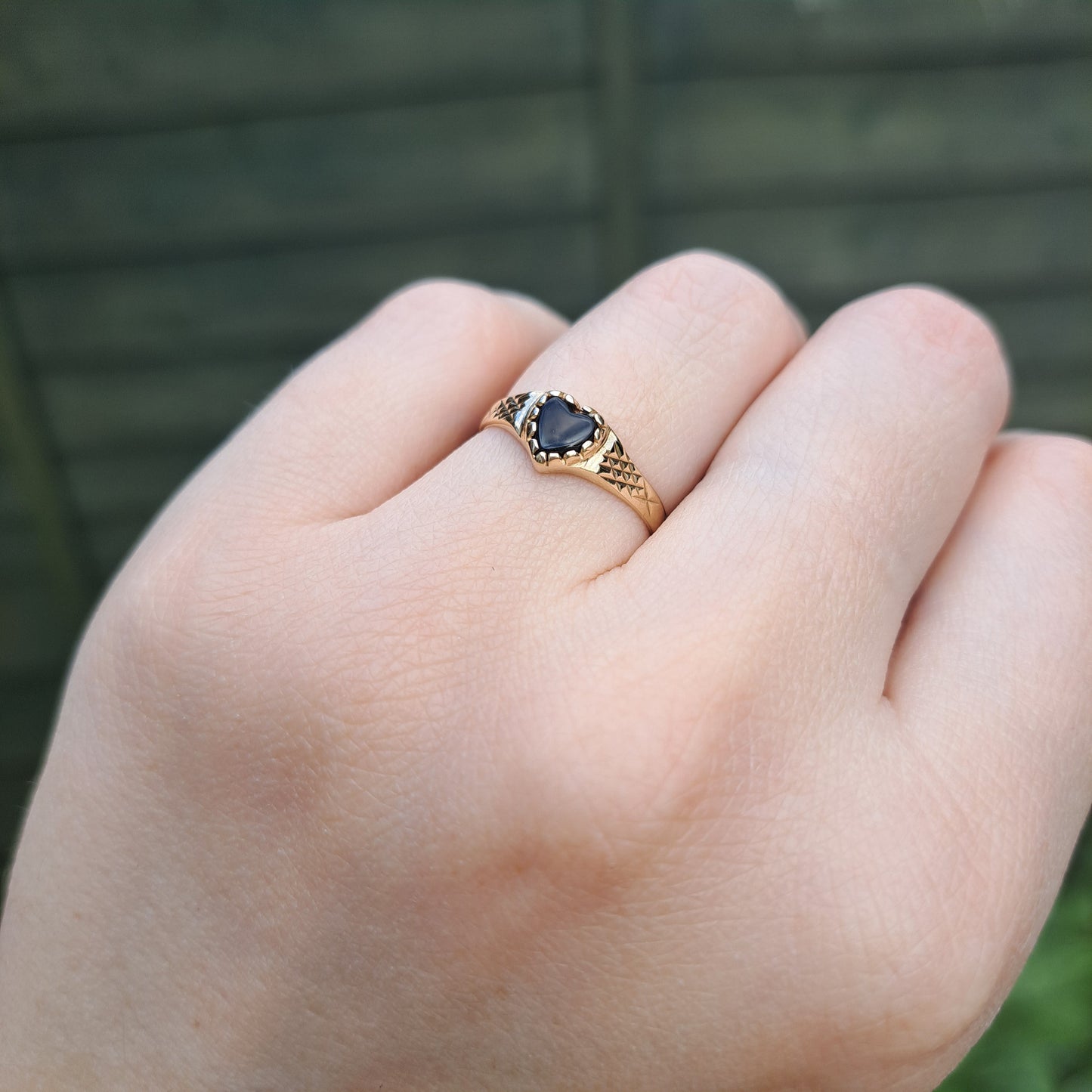 Vintage 9ct Gold and Black Onyx Heart Ring, 1989
