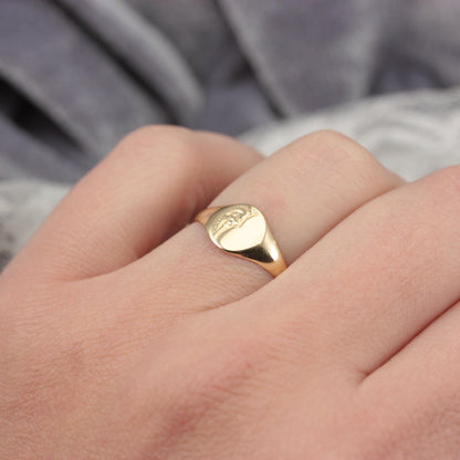 Vintage 9ct Gold Oval Half Engraved Signet Ring, 1978