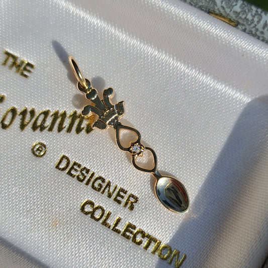 Vintage 9ct Gold Welsh Love Spoon Charm with Diamond, 1998