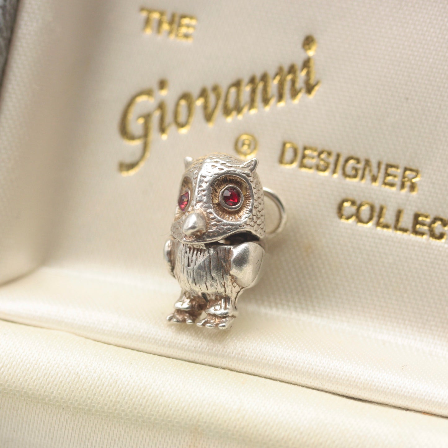 Original Vintage Silver Owl Charm with Red Eyes