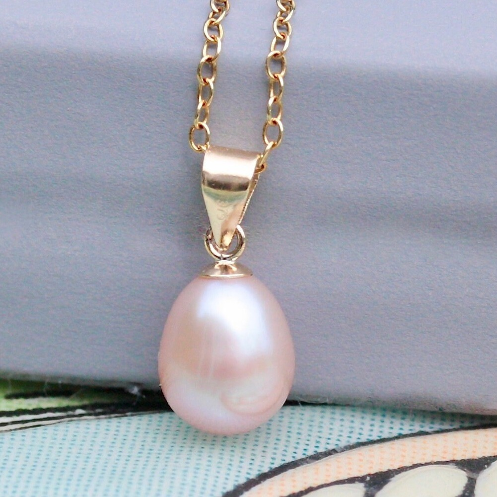Solid 9ct Gold Pink Freshwater Teardrop Pearl Pendant, June Birthstone