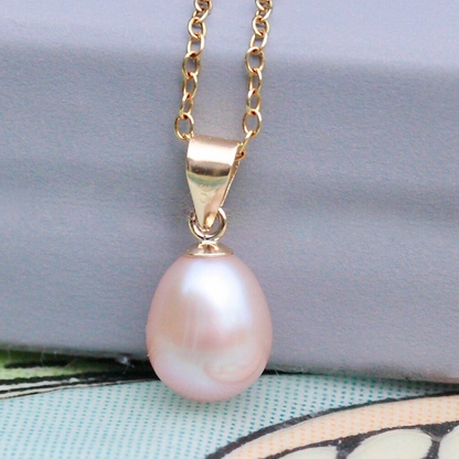 Solid 9ct Gold Pink Freshwater Teardrop Pearl Pendant, June Birthstone