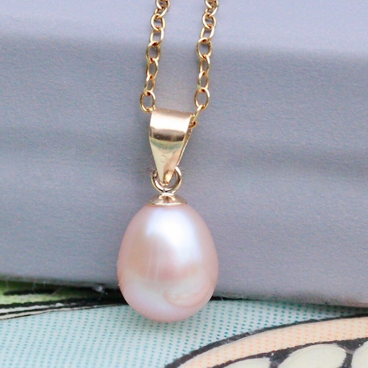Solid 9ct Gold Pink Freshwater Teardrop Pearl Pendant, June Birthstone