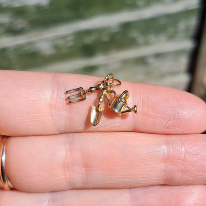 Solid 9ct Gold Gardening Tools Charm - Watering Can, Trowel, Fork