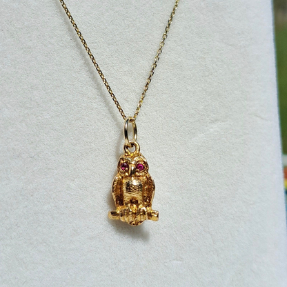 Vintage 9ct Owl Charm with Pink Gemstone Eyes, 1957