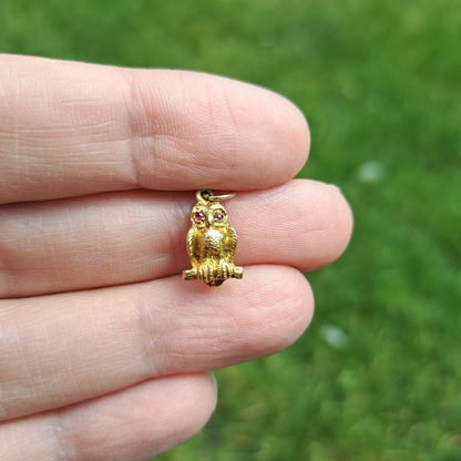 Vintage 9ct Owl Charm with Pink Gemstone Eyes, 1957