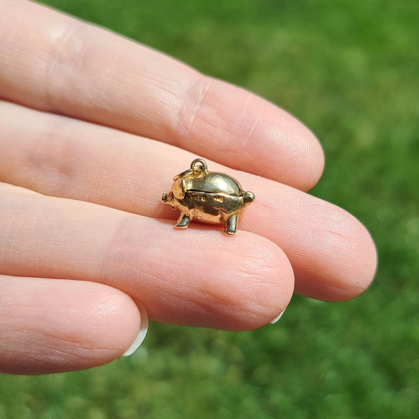 Vintage 9ct Gold Opening Piggy Bank Charm with Coins Inside, 1959