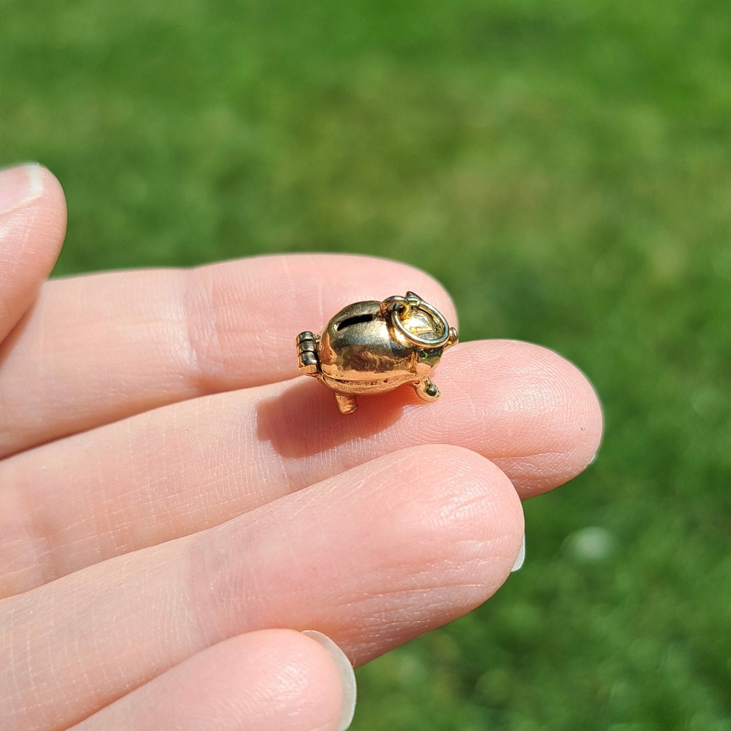 Vintage 9ct Gold Opening Piggy Bank Charm with Coins Inside, 1959