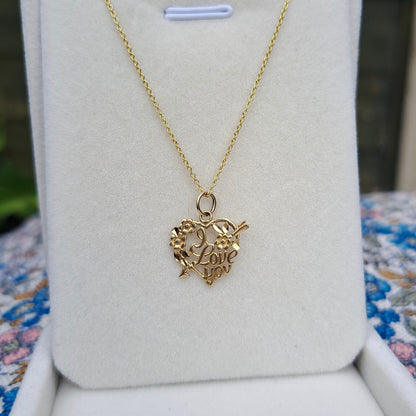 Vintage 9ct Gold "I LOVE YOU" Floral Heart Pendant, 1990s, by OroAmerica