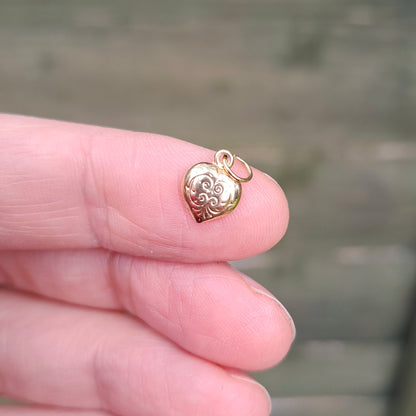 Vintage 9ct Gold Tiny Engraved Puffy Heart Charm, 8mm