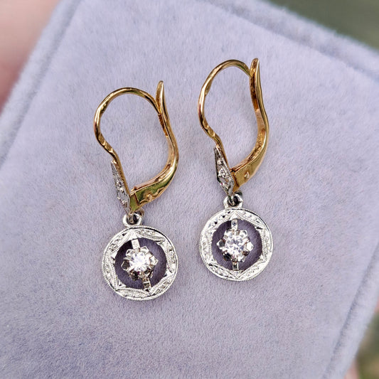 Vintage 9ct Gold and Quartz Deco Style Drop Earrings