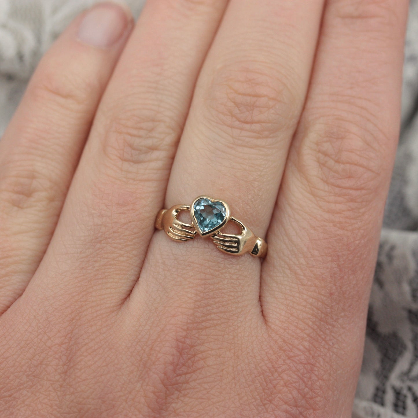 Vintage 9ct Gold Hands Holding Topaz Heart Ring, 1996