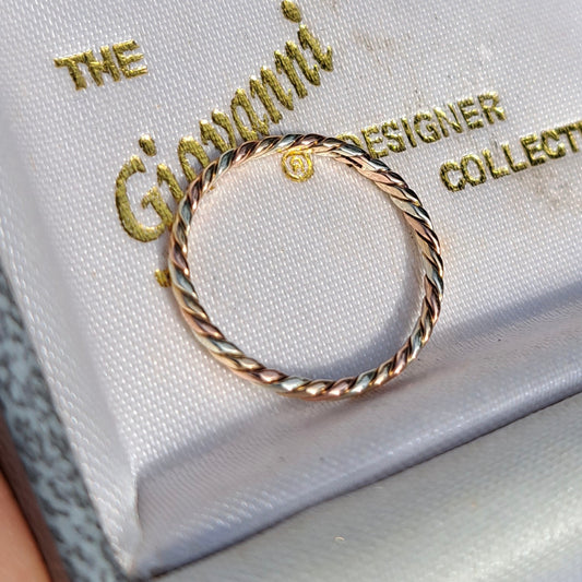 Vintage 9ct Tri Colour Gold Skinny Twist Band Ring, 1977
