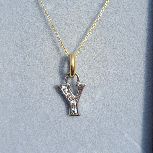 Pre-owned 9ct Yellow and White Gold Letter Y Pendant with Cubic Zirconia