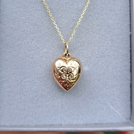 Vintage 1960s 9ct Gold Engraved Puffy Heart Charm, 1962