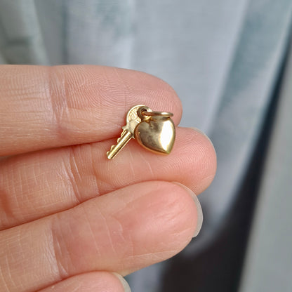 Small 9ct Gold "Key To My Heart" - Yale Key and Puffy Heart Charm