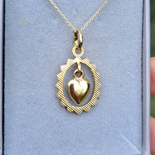 Vintage 9ct Gold Heart Dangle Pendant, 1978